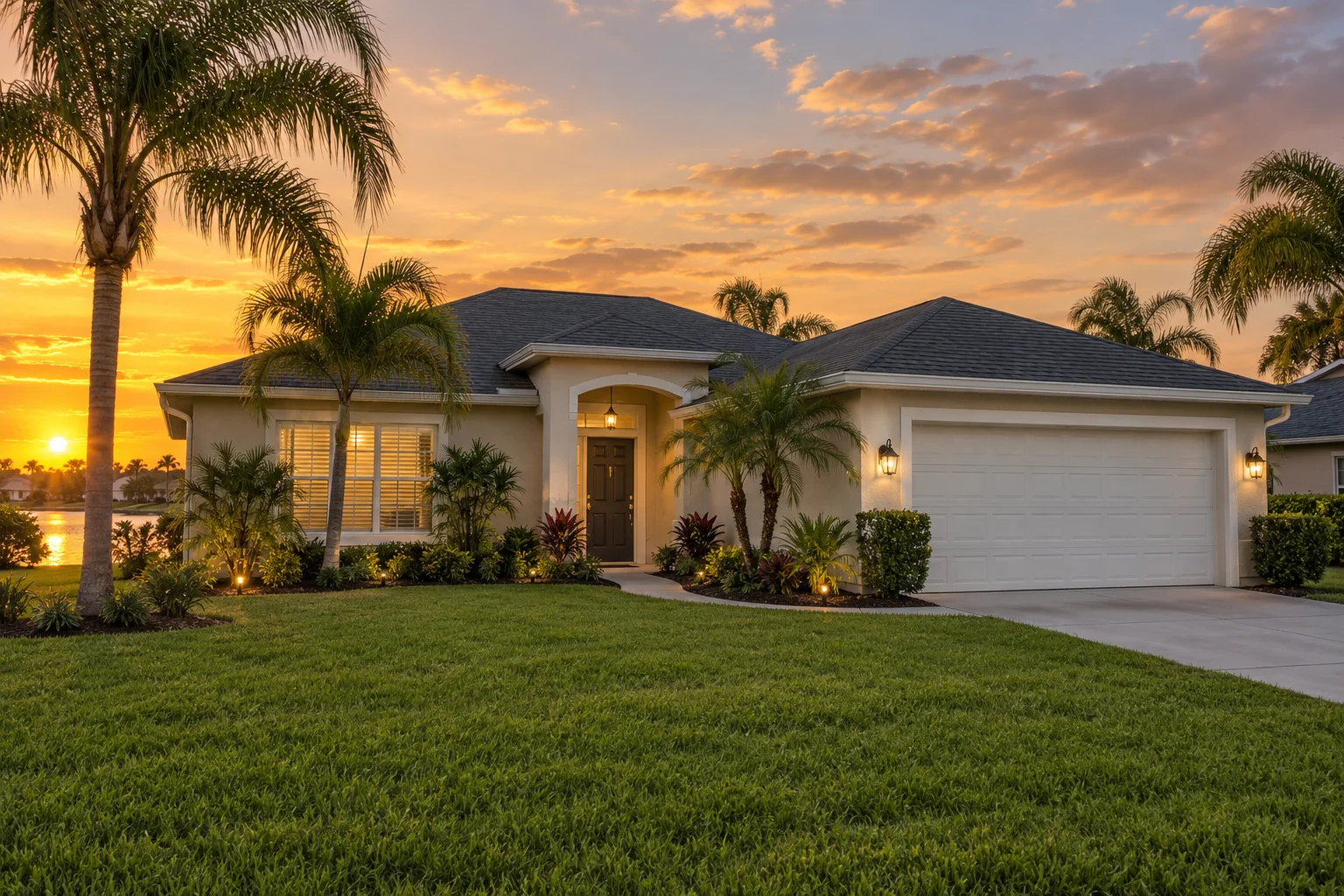 A palm-lined Florida home in warm evening light